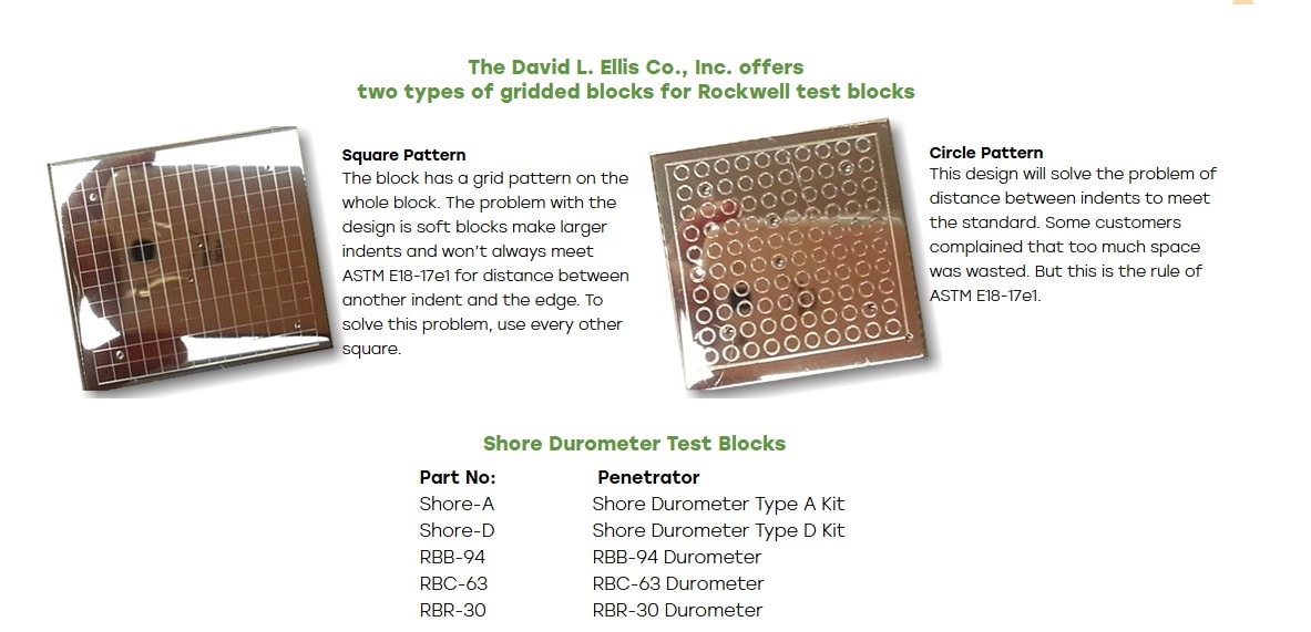 Gridded blocks available — Square Pattern and Circle Pattern — and Shore Durometer Test Blocks