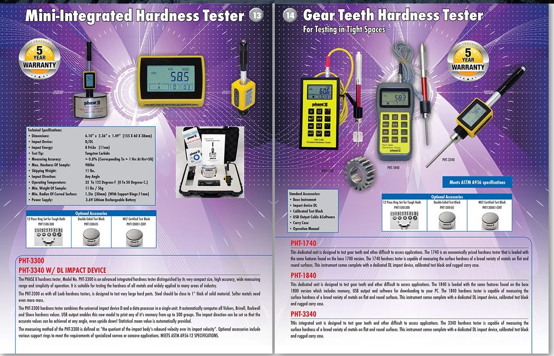 Mini-Integrated Hardness Tester PHT-3300 / PHT-3340 and Gear Teeth Hardness Tester PHT-1740 / PHT-1840 / PHT-3340 — specifications and accessories