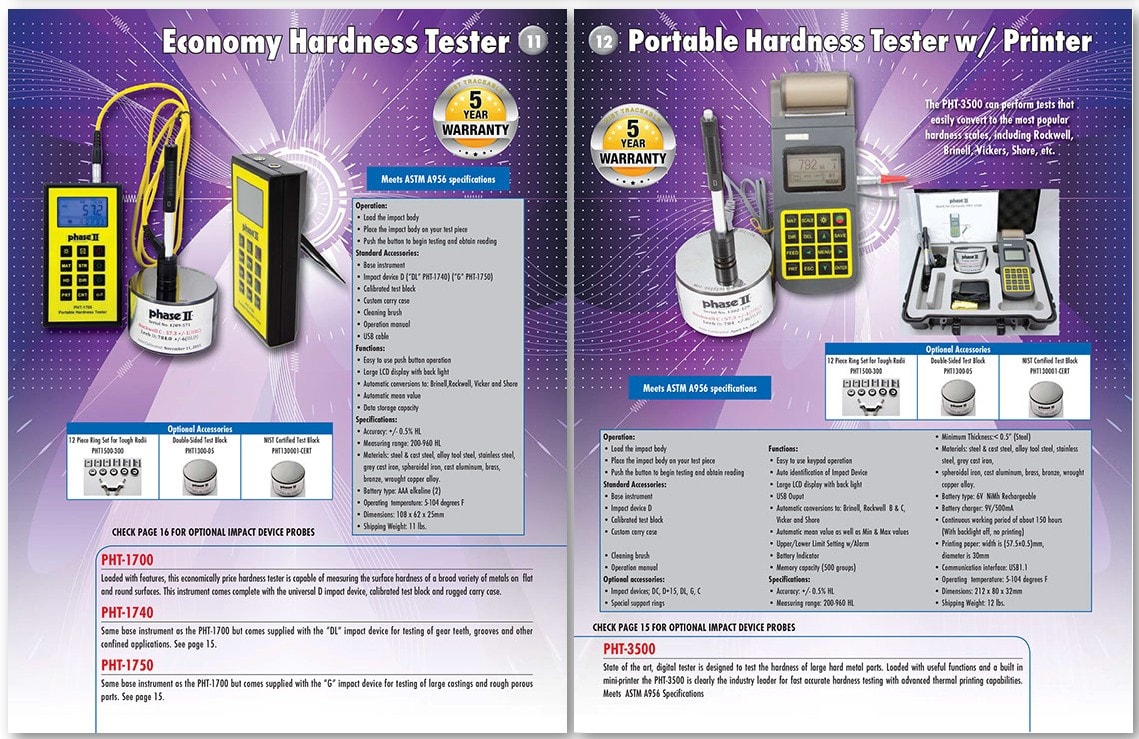 Economy Hardness Tester PHT-1700 / PHT-1740 / PHT-1750 and Portable Hardness Tester with Printer PHT-3500 — specifications and accessories
