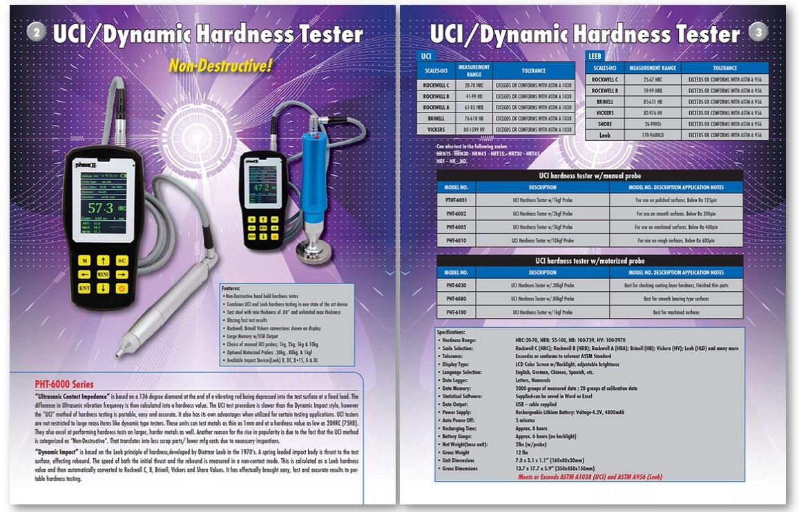 UCI / Dynamic Hardness Tester PHT-6000 Series — non-destructive, UCI and Leeb hardness testing, model specifications, measurement ranges and tolerances